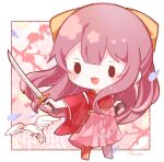  1girl bangs bird blush bow branch character_name chibi commentary full_body hair_bow hakama holding holding_sheath holding_sword holding_weapon japanese_clothes kamikaze_(kancolle) kantai_collection kimono long_hair meiji_schoolgirl_uniform nada_namie open_mouth petals pink_hakama red_hair red_kimono sheath signature solo sword very_long_hair weapon wide_sleeves yellow_bow 