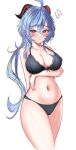  1girl absurdres ahoge black_bra black_panties blue_hair blush bra breasts commentary ganyu_(genshin_impact) genshin_impact goat_horns hair_between_eyes highres horns large_breasts long_hair looking_at_viewer navel panties parted_lips purple_eyes simple_background sketch standing teca_(ryeol) thighs underwear underwear_only white_background 