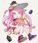  1girl animal animal_on_head baseball_cap black_shirt blonde_hair bracelet cherry clownfish colored_eyelashes cup drooling eyelashes fish fish_on_head food fruit full_body green_eyes green_hair green_skirt harmony&#039;s_clownfish_(splatoon) harmony_(splatoon) hat highres inkling jewelry long_hair low-tied_long_hair miniskirt mug multicolored_clothes multicolored_hair multicolored_headwear no_eyebrows on_head open_mouth pink_hair plum0o0 purple_footwear purple_hair purple_pupils shirt shoes short_sleeves simple_background skirt splatoon_(series) splatoon_3 striped striped_headwear stuffed_squid tentacle_hair white_background 