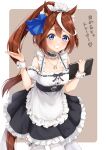  1girl absurdres alternate_costume animal_ears apron black_skirt blue_eyes blush brown_hair choker enmaided frilled_apron frilled_choker frilled_skirt frills grin high_ponytail highres horse_ears horse_girl horse_tail horseshoe_necklace jewelry long_hair looking_at_viewer maid maid_headdress multicolored_hair necklace ribbon-trimmed_skirt ribbon_trim skirt smile solo streaked_hair tail thighhighs tokai_teio_(umamusume) two-tone_hair umamusume underbust waist_apron white_apron white_hair white_thighhighs yoshinon_(yoshinon_kotori) 