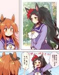  +_+ 2girls alternate_hairstyle animal_ears arm_up black_hair bow bowtie brown_bow catchphrase collarbone commentary ear_bow emphasis_lines fang high_ponytail highres horse_ears horse_girl horse_tail horseshoe_ornament long_hair long_sleeves marvelous_sunday_(umamusume) mayano_top_gun_(umamusume) multiple_girls open_mouth orange_eyes orange_hair pleated_skirt purple_sailor_collar purple_shirt purple_skirt red_bow sailor_collar sailor_shirt school_uniform shirt sidelocks skin_fang skirt speech_bubble sweatdrop tail tracen_school_uniform translation_request two_side_up umamusume very_long_hair white_bow white_bowtie winter_uniform yellow_eyes yonedatomo_mizu 