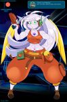  2022 artist_name ask_blog bottomwear breasts cave_story chalo clothed clothing cosplay curly_brace digit_(chalo) english_text female footwear full-length_portrait green_eyes gun hair hand_on_hip hi_res humanoid las_lindas long_hair looking_at_viewer midriff nanozell_spirit pants patreon portrait ranged_weapon shoes solo standing text topwear url video_games weapon webcomic webcomic_character white_body white_hair 