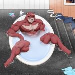  abs barefoot bath bath_water bathhouse bathing bathroom bathtub biceps body_hair capitainebyakko chest_hair claws clothing clothing_aside digital_media_(artwork) feet fur hi_res humanoid kumatetsu male mammal muscular muscular_male nude pecs plantigrade red_body red_fur satisfaction smile soap solo stairs tile tile_wall toe_claws toes towel ursid wall_(structure) xurell 