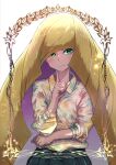  1girl absurdres alternate_costume blonde_hair collared_shirt elbow_on_arm finger_to_own_chin floral_print green_eyes highres index_finger_raised kotobukkii_(yt_lvlv) light_smile long_hair long_sleeves looking_to_the_side lusamine_(pokemon) pokemon pokemon_(game) pokemon_sm shirt solo upper_body very_long_hair 