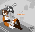  anthro canid canine cowgirl_position dialogue dimsun duo female fox from_front_position lagomorph leporid male male/female mammal nude on_bottom on_top penetration rabbit sex simple_background unwanted_cum_inside vaginal vaginal_penetration 