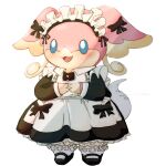  1girl :3 absurdres animal_ears apron audino black_bow black_dress blank_eyes bloomers blue_eyes blush body_fur bow buttons clothed_pokemon commentary dated_commentary dress ear_bow english_commentary flat_chest frilled_apron frilled_dress frills full_body furry furry_female hands_up happy highres light_blush long_sleeves maid maid_apron maid_headdress motion_lines open_mouth own_hands_together pink_fur pokemon pokemon_(creature) red_leopard simple_background smile socks solo standing tail tail_wagging two-tone_fur underwear white_apron white_background white_bloomers white_socks yellow_fur 