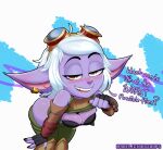  2022 absurd_res clothing delicioussoup dialogue digital_media_(artwork) eyebrows eyelashes eyewear eyewear_on_head female fingers goggles goggles_on_head hair half-closed_eyes hi_res league_of_legends looking_at_viewer narrowed_eyes riot_games solo text tristana_(lol) video_games yordle 