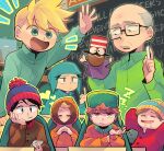  6+boys =_= arm_up bald beanie black_hair blonde_hair blue_eyes brown_eyes brown_hair butters_stotch cellphone chalkboard coat craig_tucker drooling eric_cartman glasses grey_hair hand_puppet hat head_rest herbert_garrison hood index_finger_raised kenny_mccormick kyle_broflovski male_focus middle_finger mr._hat_(south_park) multiple_boys own_hands_clasped own_hands_together phone puppet sleeping smartphone south_park stan_marsh tsunoji winter_clothes winter_coat zzz 