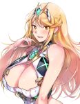  1girl adapted_costume bangs bare_shoulders blonde_hair blush breasts chest_jewel cleavage cleavage_cutout clothing_cutout dress earrings headpiece highres huge_breasts jewelry long_hair mythra_(xenoblade) swept_bangs tiara ug333333 upper_body very_long_hair white_dress xenoblade_chronicles_(series) xenoblade_chronicles_2 yellow_eyes 