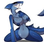  anthro blue_body blush bodily_fluids breasts fangs female fish genitals hi_res marine multicolored_body nipples nude open_mouth open_smile pussy shark simple_background smile solo sweat teeth thick_thighs two_tone_body usagi_star 