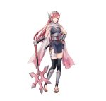  1girl absurdres arm_guards axe bangs bare_shoulders battle_axe breasts cherche_(fire_emblem) cleavage closed_mouth commentary_request elbow_gloves feet fingerless_gloves fire_emblem fire_emblem_awakening fire_emblem_heroes gloves gradient gradient_clothes headgear highres holding holster japanese_clothes kaya8 kodachi kunai legs long_hair looking_at_viewer medium_breasts ninja obi official_art pelvic_curtain pink_eyes pink_hair sand sandals sash scarf sheath sheathed shiny shiny_hair short_sword sleeveless smile solo standing sword thigh_holster thighhighs toeless_legwear toes weapon white_background 
