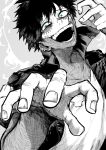  1boy absurdres blue_eyes boku_no_hero_academia burn_scar cheek_piercing dabi_(boku_no_hero_academia) ear_piercing fire greyscale hands_up highres jacket looking_at_viewer male_focus monochrome multiple_scars open_mouth piercing scar shirt short_hair solo spot_color staple stapled stitches yotsumi_shiro 