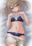  1girl absurdres bed_sheet black_bra black_panties bloomers blush bra brown_eyes closed_mouth cowboy_shot double_bun hair_between_eyes hair_bun highres kantai_collection light_brown_hair long_hair makura_(y_makura) michishio_(kancolle) navel panties solo two_side_up underwear white_bloomers 