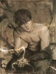 1boy abs arms_on_knees art_of_neight black_hair glowing glowing_eye highres leaning_forward looking_at_viewer monochrome muscular muscular_male own_hands_together sepia short_hair sitting solo solo_leveling spark sung_jin-woo topless_male torn_clothes 