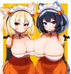  2girls ? absurdres animal_ear_fluff animal_ears bangs bat_(animal) berusa_(berutoo) black_hair blonde_hair blue_eyes blush bow breast_press breasts cleavage common_raccoon_(kemono_friends) detached_collar detached_sleeves extra_ears fang fennec_(kemono_friends) fox_ears fox_tail grey_hair hair_bow halloween heart highres huge_breasts kemono_friends kemono_friends_3 large_breasts looking_at_viewer maid_headdress multicolored_background multicolored_hair multiple_girls neck_ribbon open_mouth orange_background orange_bow orange_eyes orange_skirt raccoon_ears raccoon_tail ribbon short_hair simple_background skin_fang skirt tail upper_body white_background 