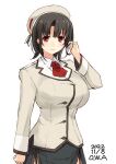  1girl alternate_costume artist_name ascot black_hair breasts brown_headwear brown_jacket buttons closed_mouth dated double-breasted highres jacket kantai_collection large_breasts looking_at_viewer one-hour_drawing_challenge owa_(ishtail) red_ascot red_eyes short_hair simple_background smile solo takao_(kancolle) white_background 