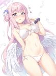  alternate_breast_size angel_wings bangs bare_arms bare_legs bikini blue_archive blush flower hair_bun hair_flower hair_ornament hair_scrunchie highres lace_bikini long_hair looking_at_viewer midriff mika_(blue_archive) navel pink_hair scrunchie single_side_bun stomach swimsuit very_long_hair white_bikini white_wings wings wrist_scrunchie yamasan yellow_eyes 