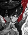  1boy absurdres artist_name black_eyes black_hair black_headwear earrings english_text feathered_wings gakuran hair_between_eyes hat highres isumisumi jewelry looking_at_viewer original piercing red_background school_uniform shaded_face simple_background solo twitter_username white_wings wings 