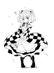  1girl :d bell boots character_name checkered_clothes checkered_kimono finger_to_own_chin full_body hair_bell hair_ornament japanese_clothes kimono looking_at_viewer motoori_kosuzu pigeon-toed smile tanasuke touhou two_side_up 