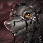  1:1 2021 ambiguous_gender anthro artist_name bit_gag black_collar collar dated gag glistening glistening_eyes grey_body looking_at_viewer muzzle_(object) muzzle_gag muzzled simple_background slash_freezen solo species_request three-quarter_view 