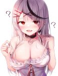  1girl :d ? @_@ absurdres bare_arms bare_shoulders black_collar black_hair braid breasts cleavage collar earrings fang grey_hair hair_ornament hairclip heart_collar highres hololive jewelry large_breasts looking_at_viewer multicolored_hair red_eyes revision sakamata_chloe shirt shishou_(doragyurosu) simple_background skin_fang smile solo strap_lift streaked_hair upper_body virtual_youtuber white_background white_shirt x_hair_ornament 