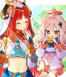  2girls absurdres bangs blue_gemstone blue_skirt blush bracer breasts brooch cake chiroron circlet closed_eyes commentary_request crop_top detached_sleeves eating food food_in_mouth gem genshin_impact gold_trim hair_between_eyes hair_ornament hands_up harem_outfit highres holding holding_food horns jewelry long_sleeves medium_breasts midriff multiple_girls navel neck_ring nilou_(genshin_impact) paimon_(genshin_impact) parted_bangs puffy_long_sleeves puffy_sleeves purple_eyes skirt sparkling_eyes stomach twitter_username veil white_hair 
