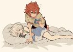  2girls absurdres ahoge alarm_clock bed casual clock green_eyes grey_eyes gundam gundam_suisei_no_majo highres kyouno long_hair looking_at_phone lying messy_hair miorine_rembran multiple_girls on_bed on_side phone pillow red_hair shirt shorts suletta_mercury t-shirt thick_eyebrows under_covers white_hair yuri 