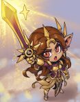  1girl alternate_ears alternate_form arm_up armor armored_boots bangs boots brown_eyes brown_hair commentary full_armor gauntlets gold_armor holding holding_sword holding_weapon league_of_legends leona_(league_of_legends) long_hair multicolored_background open_mouth parted_bangs phantom_ix_row pointy_ears shiny shiny_hair solo sparkle sword symbol-only_commentary tongue weapon white_background yordle 