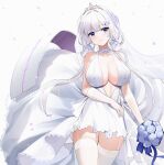  1girl azur_lane bangs bare_shoulders blue_eyes blunt_bangs blush bouquet breasts bridal_veil center_opening choker cleavage closed_mouth cowboy_shot dress elbow_gloves falling_petals flower gloves hair_flower hair_ornament halter_dress halterneck highres holding holding_bouquet illustrious_(azur_lane) illustrious_(morning_star_of_love_and_hope)_(azur_lane) lace-trimmed_dress lace_trim large_breasts looking_at_viewer official_alternate_costume petals qing_wu rose see-through_gloves sidelocks simple_background sleeveless sleeveless_dress smile solo thighhighs thighs tiara twintails veil wedding_dress white_background white_choker white_dress white_flower white_garter_straps white_gloves white_hair white_headwear white_rose white_thighhighs zettai_ryouiki 