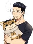  1boy animalization baby_carry black_eyes black_hair carrying casual disdain facial_hair flying_sweatdrops frown goatee golden_kamuy hair_slicked_back hair_strand highres looking_to_the_side male_focus ogata_hyakunosuke ri_(ri_kaos21) scar scar_on_cheek scar_on_face short_hair stitches stubble undercut upper_body 
