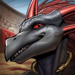  1:1 2021 anthro artist_name blurred_background bust_portrait dated feathers glistening glistening_eyes grey_body grey_scales grin head_feathers horn looking_at_viewer male portrait red_body red_feathers red_horn scales slash_freezen smile solo species_request stadium teeth 