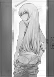  1girl absurdres ass back bangs bare_shoulders clothes_pull greyscale highres kojima_takeshi long_hair looking_at_viewer monochrome original panties pants pants_pull solo striped striped_panties tank_top underwear 