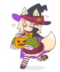  1girl ^_^ animal_ear_fluff animal_ears bangs black_cape black_footwear black_headwear blonde_hair blush boots bow candy candy_wrapper cape closed_eyes collar ears_through_headwear food fox_ears fox_girl fox_tail full_body green_shirt halloween halloween_bucket hat hat_bow heart highres jack-o&#039;-lantern kemomimi-chan_(naga_u) lollipop long_sleeves naga_u orange_bow original pantyhose pleated_skirt purple_bow purple_collar purple_skirt running shadow shirt simple_background skirt sleeves_past_fingers sleeves_past_wrists solo striped striped_pantyhose swirl_lollipop tail white_background witch_hat 