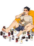  1boy animalization black_eyes black_hair body_blush boxers brown_shirt bulge casual drunk facial_hair feet full_body goatee golden_kamuy grey_male_underwear hair_slicked_back hair_strand highres male_focus male_underwear no_pants ogata_hyakunosuke pectorals ri_(ri_kaos21) scar scar_on_cheek scar_on_face shirt short_hair solo spread_legs stitches stubble undercut underwear 