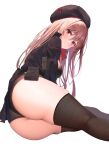  ass ass_focus breasts brown_hair curvy goddess_of_victory:_nikke hat highres huge_ass large_breasts long_hair looking_at_viewer lying military military_hat military_uniform on_side rapi_(nikke) red_eyes shorts sitting thick_thighs thighhighs thighs uniform wide_hips yukishiro_arte 