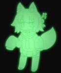  1girl animal_ear_fluff animal_ears bangs bell black_background collar fox_ears fox_girl fox_tail full_body glow-in-the-dark glowing green_theme hair_between_eyes hair_bun hair_ornament highres jingle_bell kemomimi-chan_(naga_u) long_sleeves looking_at_viewer naga_u neck_bell original pleated_skirt ribbon-trimmed_legwear ribbon_trim shirt simple_background skirt sleeves_past_fingers sleeves_past_wrists solo standing tail thighhighs 