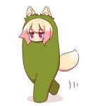  1girl among_us animal_ear_fluff animal_ears bangs blonde_hair blush cosplay fox_ears fox_girl fox_tail full_body green_(among_us) green_(among_us)_(cosplay) highres kemomimi-chan_(naga_u) motion_lines naga_u original red_eyes shadow simple_background solo tail walking wearable_sleeping_bag white_background 