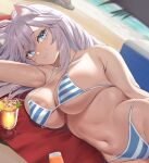  1girl :3 animal_ears areola_slip beach bikini blue_eyes breasts breasts_day collarbone day drink dutch_angle fur good_breasts_day highres large_breasts long_hair lying moisture_(chichi) navel on_side original sand solo striped striped_bikini swimsuit water white_hair 