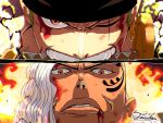  2boys battle blood blood_on_face close-up dark-skinned_male dark_skin eye_focus facial_tattoo frown green_hair highres king_(one_piece) looking_at_viewer male_focus mouth_hold multiple_boys one_piece roronoa_zoro scar scar_across_eye scar_on_face serious short_hair staring tacchan56110 tattoo teeth white_hair 