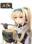  1girl ai_drawing_anime_characters_eating_ramen_(meme) black_gloves blonde_hair bullet chopsticks eating_hair gamryous girls&#039;_frontline gloves helmet highres holding holding_chopsticks jacket long_hair meme red_eyes russian_flag solo sv-98_(girls&#039;_frontline) very_long_hair white_background white_jacket 