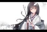  black_hair branch closed_eyes floating_hair flower hime_cut holding holding_branch japanese_clothes karaginu_mo kimono layered_clothes layered_kimono letter letterboxed long_hair original plum plum_blossoms princess simple_background tamanoti winter 
