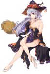  1girl absurdres alternate_costume armpit_crease black_choker braid breasts broom chibi choker commission commissioner_upload fire_emblem fire_emblem:_genealogy_of_the_holy_war fire_emblem_heroes halloween halloween_costume hat high_heels highres ishtar_(fire_emblem) large_breasts legs long_hair miyazakit non-web_source open_mouth pelvic_curtain pumpkin purple_eyes purple_hair reading sideboob single_braid skeb_commission thighs witch witch_hat 