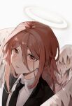  1boy absurdres androgynous angel_devil_(chainsaw_man) angel_wings black_jacket black_necktie chainsaw_man collared_shirt commentary feathered_wings film_grain formal from_above halo highres jacket long_hair nanami_(u_nanamiii) necktie orange_eyes parted_lips red_hair shirt simple_background solo suit suit_jacket white_background white_shirt white_wings wings 