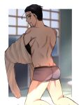  1boy ass black_eyes black_hair boxers facial_hair from_behind goatee golden_kamuy hair_slicked_back hair_strand highres kneeling looking_at_viewer male_focus male_underwear no_pants ogata_hyakunosuke purple_male_underwear ri_(ri_kaos21) scar scar_on_cheek scar_on_face short_hair smile solo stitches stubble toned toned_male undercut underwear undressing 