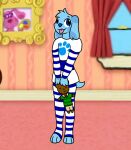  anthro blue&#039;s_clues blue_(blue&#039;s_clues) buttercollie canid canine canis clothing domestic_dog female leg_warmers legwear long_sleeves mammal nickelodeon plushie solo steve_(blue&#039;s_clues) teddy_bear tongue tongue_out 