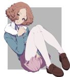 1girl absurdres breasts brown_eyes brown_hair closed_mouth commentary full_body highres jacket long_sleeves looking_at_viewer okumura_haru pantyhose persona persona_5 pink_sweater short_hair smile solo sweater umenituru white_pantyhose 