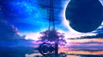  blue_sky cable cloud cloudy_sky commentary_request eclipse fantasy glowing highres horizon landscape light_particles lunar_eclipse moon night no_humans ocean original reflection reflective_water scenery shadow sky smile_(qd4nsvik) star_(sky) starry_sky sunrise tower tree 