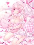  1girl bangs bed bloomers blurry blurry_background blush bow breasts breasts_day candy choker cleavage closed_mouth dress food frilled_cuffs frilled_dress frills good_breasts_day hair_bow heart highres holding holding_pillow lamp light lollipop long_hair looking_at_viewer medium_breasts on_bed original pillow pink_eyes pink_hair pink_ribbon ribbon sitting sleeveless sleeveless_dress smile socks solo table twintails underwear wariza wasabi_(sekai) white_bloomers white_bow white_choker white_socks white_wrist_cuffs wrist_cuffs 