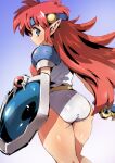  1girl armor ass belt blue_eyes breastplate commentary_request elf expressionless from_behind gem headband highres leotard long_hair looking_back mail_(popful_mail) pauldrons pointy_ears popful_mail puchidori red_hair shield shoulder_armor solo sword thighs weapon white_leotard 