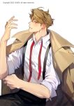  1boy absurdres almond_cookie blush coat coat_on_shoulders collared_shirt cookie_run feet_out_of_frame highres light_brown_hair looking_at_viewer male_focus mature_male nakddidi shirt short_hair sleeves_rolled_up solo thick_eyebrows undone_necktie white_shirt 